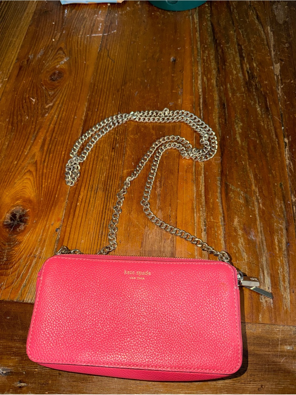 Kate Spade Coral Pink Double Zip Crossbody Wallet On Chain Leather Purse